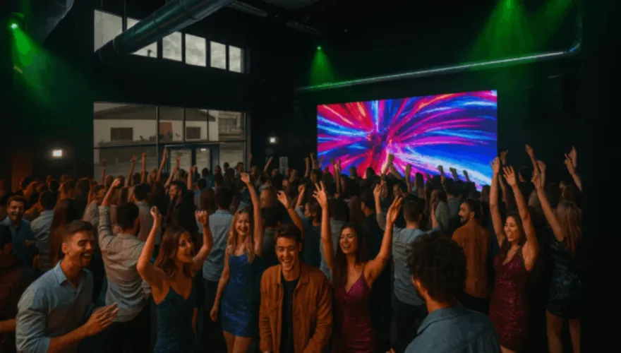 Tecnologia e luci scenografiche durante un evento aziendale a Milano